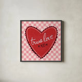 True Love Valentine by Cheryl Warrick. Shown in a sleek black glass frame for a contemporary gallery look. Available as an archival giclee rolled canvas, fine art paper, or poster print. SKU 104039a.