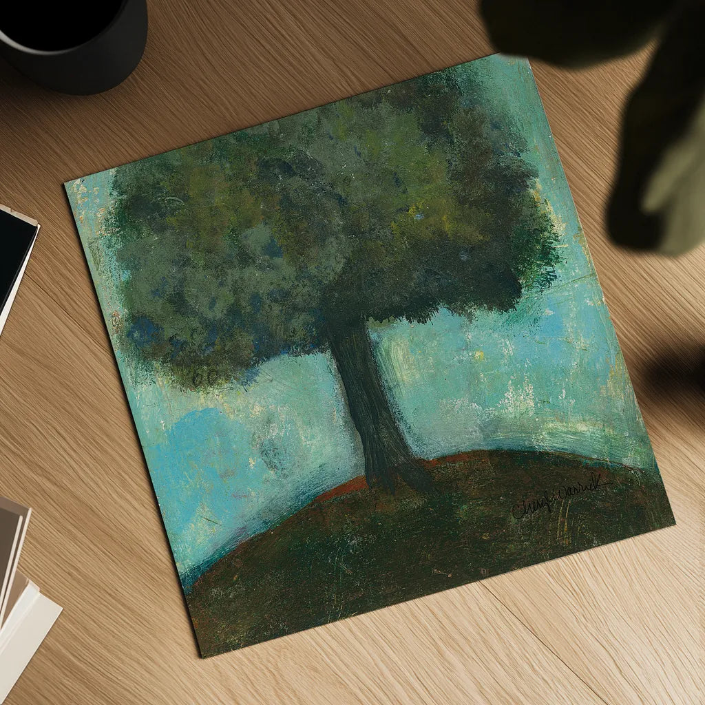 Under the Tree Square  II by Cheryl Warrick. Shown as a detailed flat fine art print, highlighting archival giclee quality. Available as an archival giclee rolled canvas, fine art paper, or poster print. SKU 37757a.