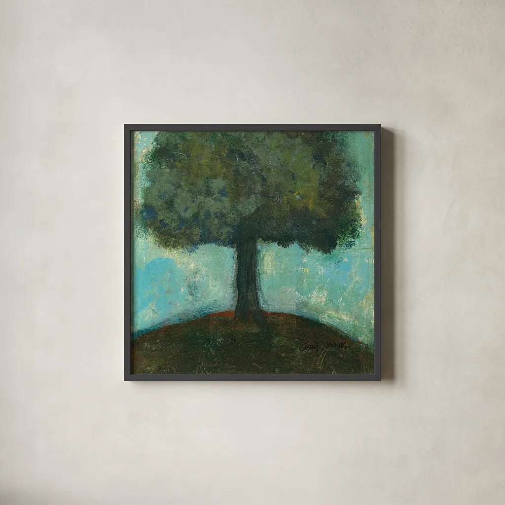 Under the Tree Square  II by Cheryl Warrick. Shown in a sleek black glass frame for a contemporary gallery look. Available as an archival giclee rolled canvas, fine art paper, or poster print. SKU 37757a.