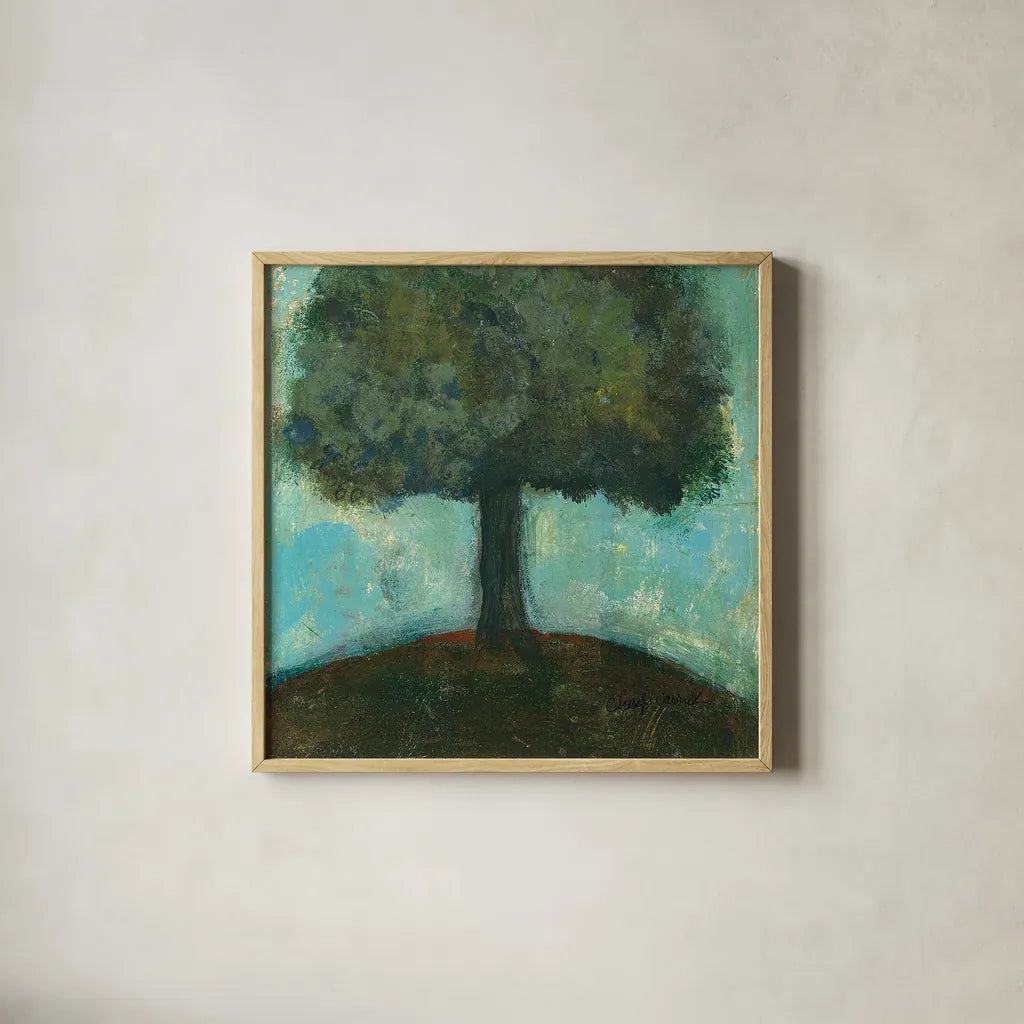 Under the Tree Square  II by Cheryl Warrick. Shown in a natural wood glass frame for a timeless modern aesthetic. Available as an archival giclee rolled canvas, fine art paper, or poster print. SKU 37757a.