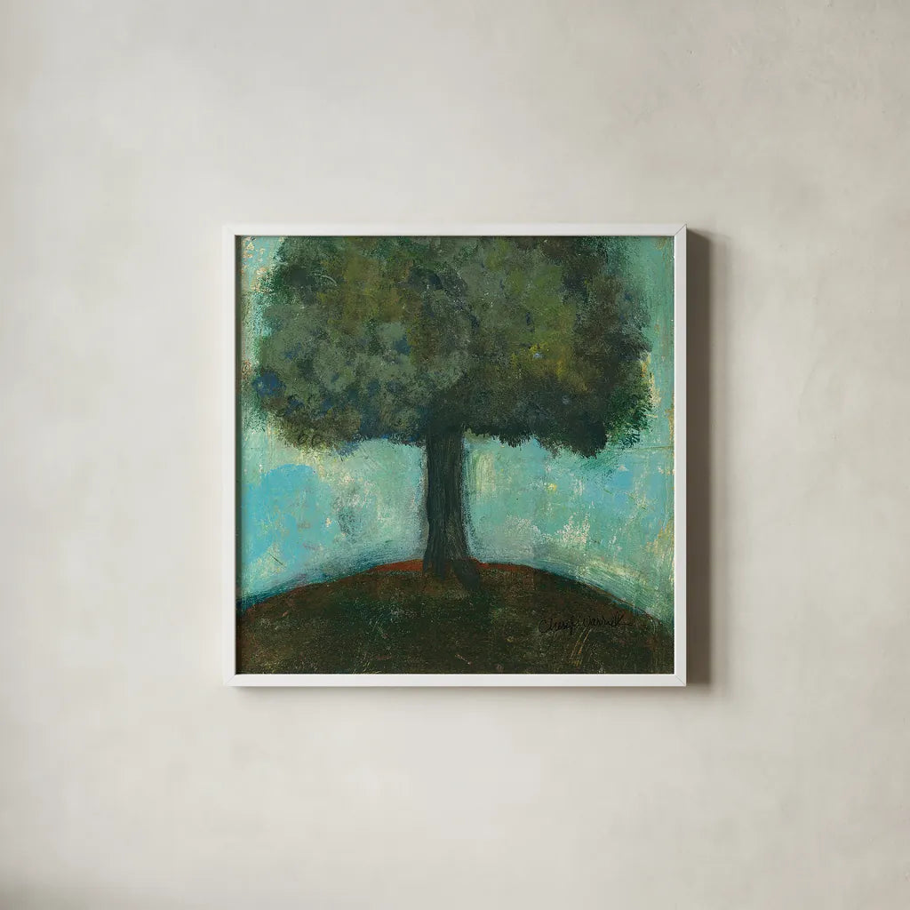 Under the Tree Square  II by Cheryl Warrick. Shown in a crisp white glass frame for a clean and minimalist style. Available as an archival giclee rolled canvas, fine art paper, or poster print. SKU 37757a.