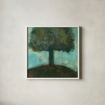 Under the Tree Square  II by Cheryl Warrick. Shown in a crisp white glass frame for a clean and minimalist style. Available as an archival giclee rolled canvas, fine art paper, or poster print. SKU 37757a.