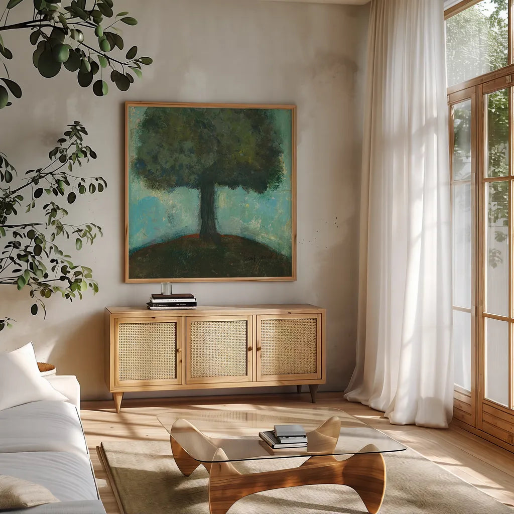 Under the Tree Square  II by Cheryl Warrick. Shown in a natural wood frame in a cozy modern living room. Available as an archival giclee rolled canvas, fine art paper, or poster print. SKU 37757a.