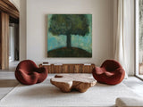 Under the Tree Square  II by Cheryl Warrick. Shown as extra-large giant wall art in a modern living room. Available as an archival giclee rolled canvas, fine art paper, or poster print. SKU 37757a.