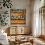 Urban Mixed Bag III by Cheryl Warrick. Shown in a natural wood frame in a cozy modern living room. Available as an archival giclee rolled canvas, fine art paper, or poster print. SKU 37774a.