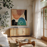 Variety I by Cheryl Warrick. Shown in a natural wood frame in a cozy modern living room. Available as an archival giclee rolled canvas, fine art paper, or poster print. SKU 90929a.