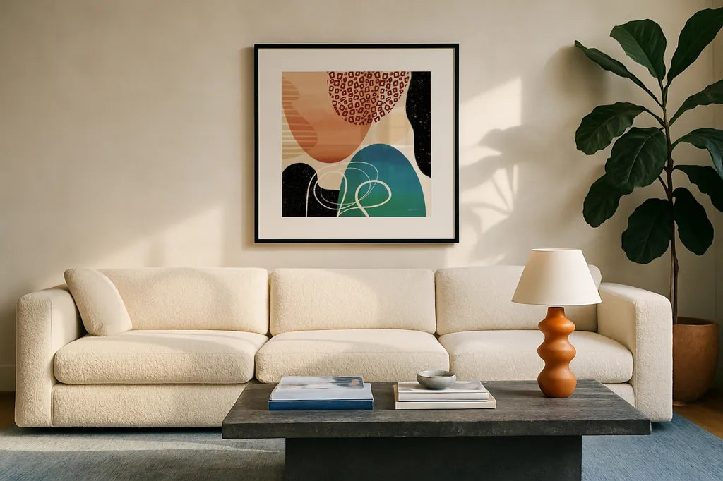 Variety I by Cheryl Warrick. Displayed in a glass frame with matte in a clean modern living room. Available as an archival giclee rolled canvas, fine art paper, or poster print. SKU 90929a.