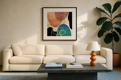 Variety I by Cheryl Warrick. Displayed in a glass frame with matte in a clean modern living room. Available as an archival giclee rolled canvas, fine art paper, or poster print. SKU 90929a.