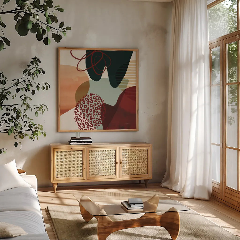 Variety II by Cheryl Warrick. Shown in a natural wood frame in a cozy modern living room. Available as an archival giclee rolled canvas, fine art paper, or poster print. SKU 90930a.