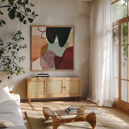 Variety II by Cheryl Warrick. Shown in a natural wood frame in a cozy modern living room. Available as an archival giclee rolled canvas, fine art paper, or poster print. SKU 90930a.