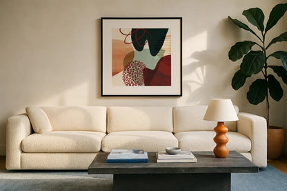 Variety II by Cheryl Warrick. Displayed in a glass frame with matte in a clean modern living room. Available as an archival giclee rolled canvas, fine art paper, or poster print. SKU 90930a.