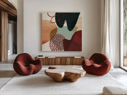 Variety II by Cheryl Warrick. Shown as extra-large giant wall art in a modern living room. Available as an archival giclee rolled canvas, fine art paper, or poster print. SKU 90930a.