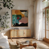 Variety III by Cheryl Warrick. Shown in a natural wood frame in a cozy modern living room. Available as an archival giclee rolled canvas, fine art paper, or poster print. SKU 90931a.