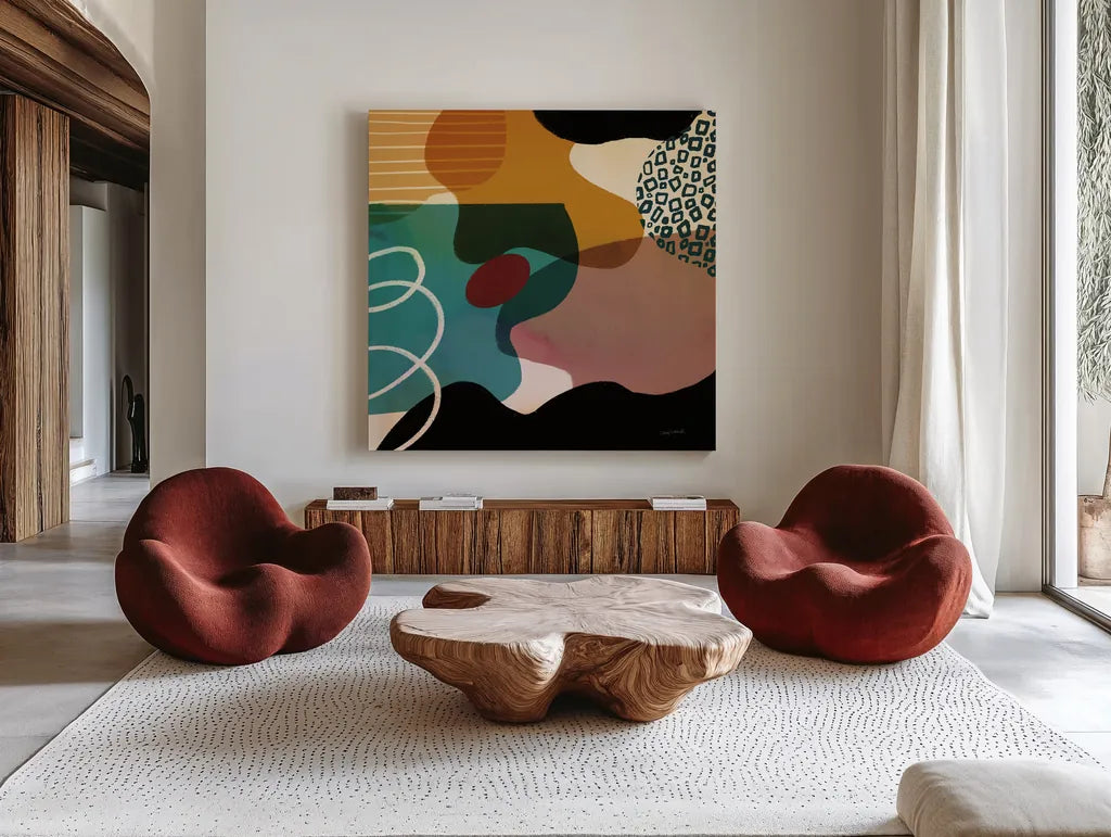 Variety III by Cheryl Warrick. Shown as extra-large giant wall art in a modern living room. Available as an archival giclee rolled canvas, fine art paper, or poster print. SKU 90931a.