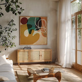 Variety IV by Cheryl Warrick. Shown in a natural wood frame in a cozy modern living room. Available as an archival giclee rolled canvas, fine art paper, or poster print. SKU 90932a.