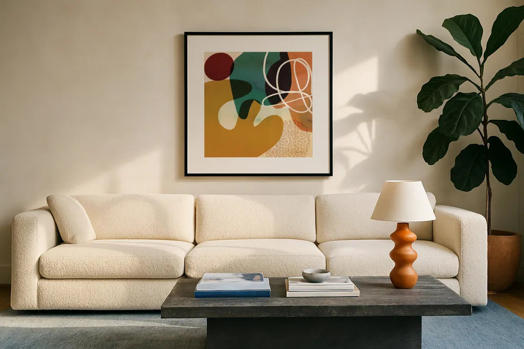 Variety IV by Cheryl Warrick. Displayed in a glass frame with matte in a clean modern living room. Available as an archival giclee rolled canvas, fine art paper, or poster print. SKU 90932a.