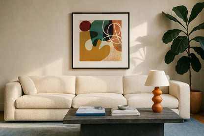 Variety IV by Cheryl Warrick. Displayed in a glass frame with matte in a clean modern living room. Available as an archival giclee rolled canvas, fine art paper, or poster print. SKU 90932a.