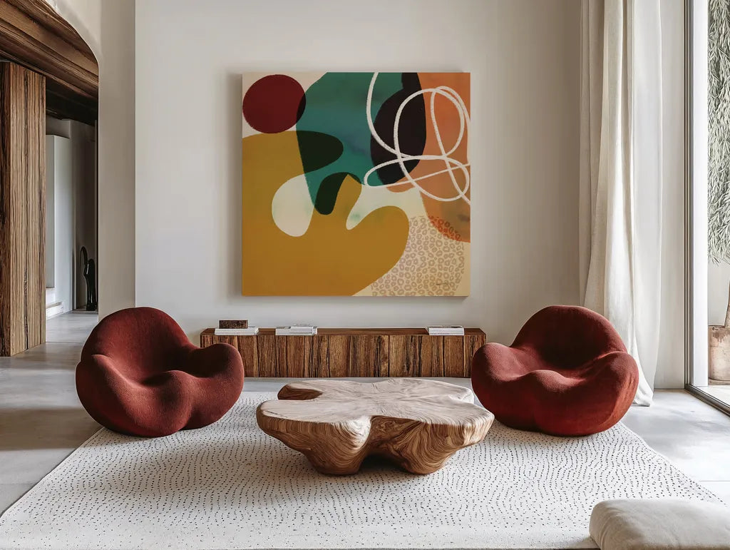 Variety IV by Cheryl Warrick. Shown as extra-large giant wall art in a modern living room. Available as an archival giclee rolled canvas, fine art paper, or poster print. SKU 90932a.