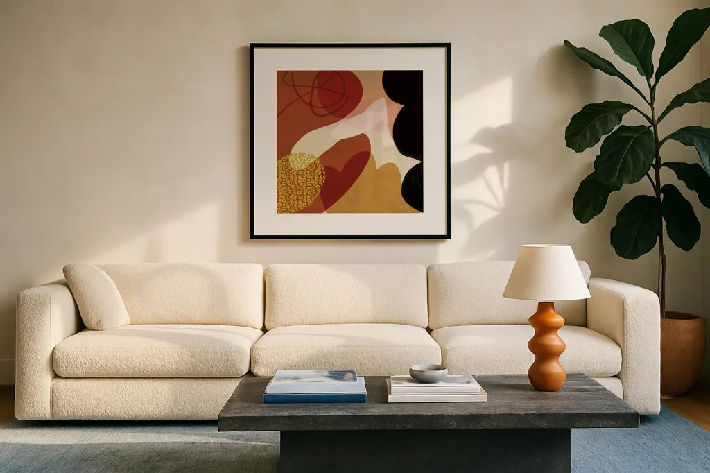 Variety V by Cheryl Warrick. Displayed in a glass frame with matte in a clean modern living room. Available as an archival giclee rolled canvas, fine art paper, or poster print. SKU 90933a.