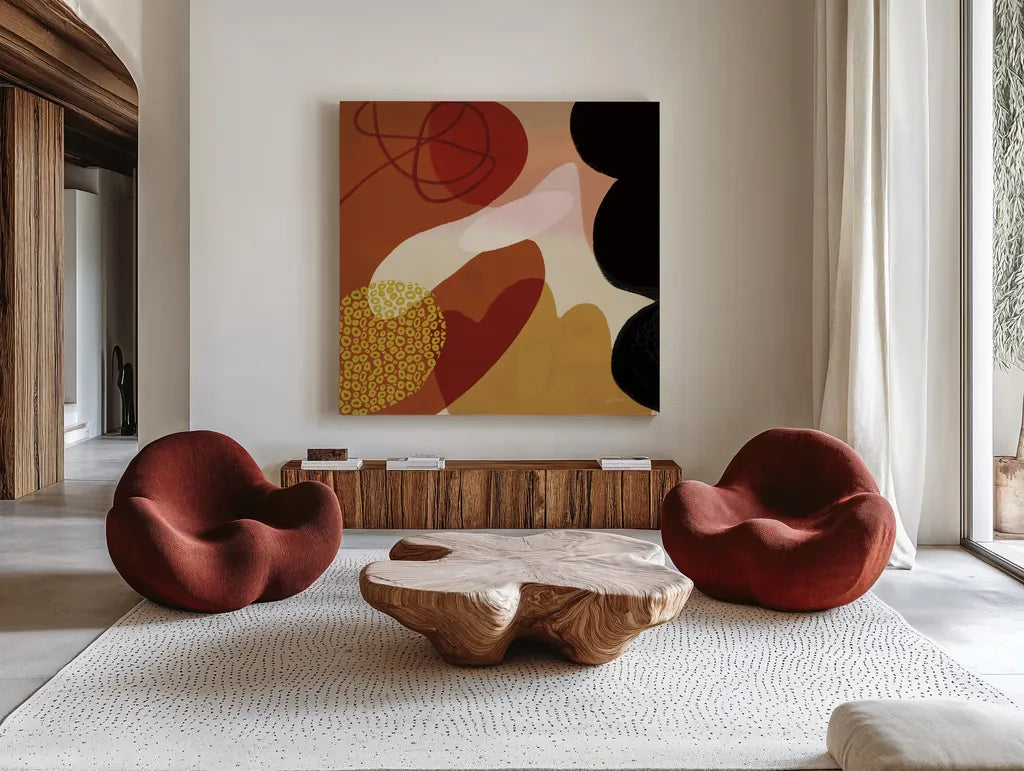 Variety V by Cheryl Warrick. Shown as extra-large giant wall art in a modern living room. Available as an archival giclee rolled canvas, fine art paper, or poster print. SKU 90933a.