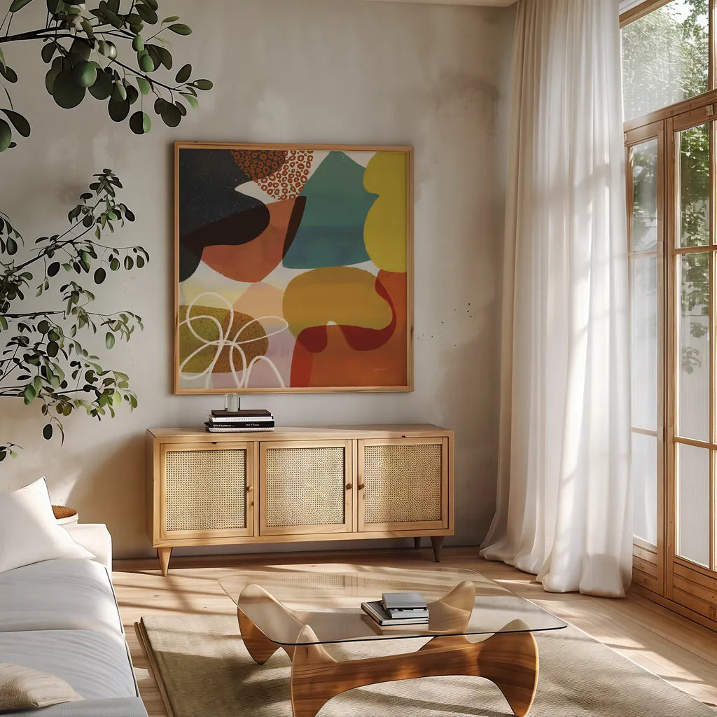 Variety VI by Cheryl Warrick. Shown in a natural wood frame in a cozy modern living room. Available as an archival giclee rolled canvas, fine art paper, or poster print. SKU 90934a.