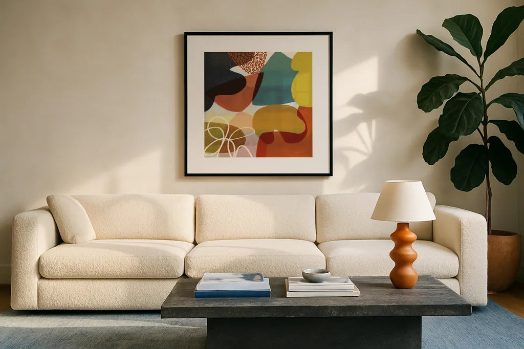 Variety VI by Cheryl Warrick. Displayed in a glass frame with matte in a clean modern living room. Available as an archival giclee rolled canvas, fine art paper, or poster print. SKU 90934a.