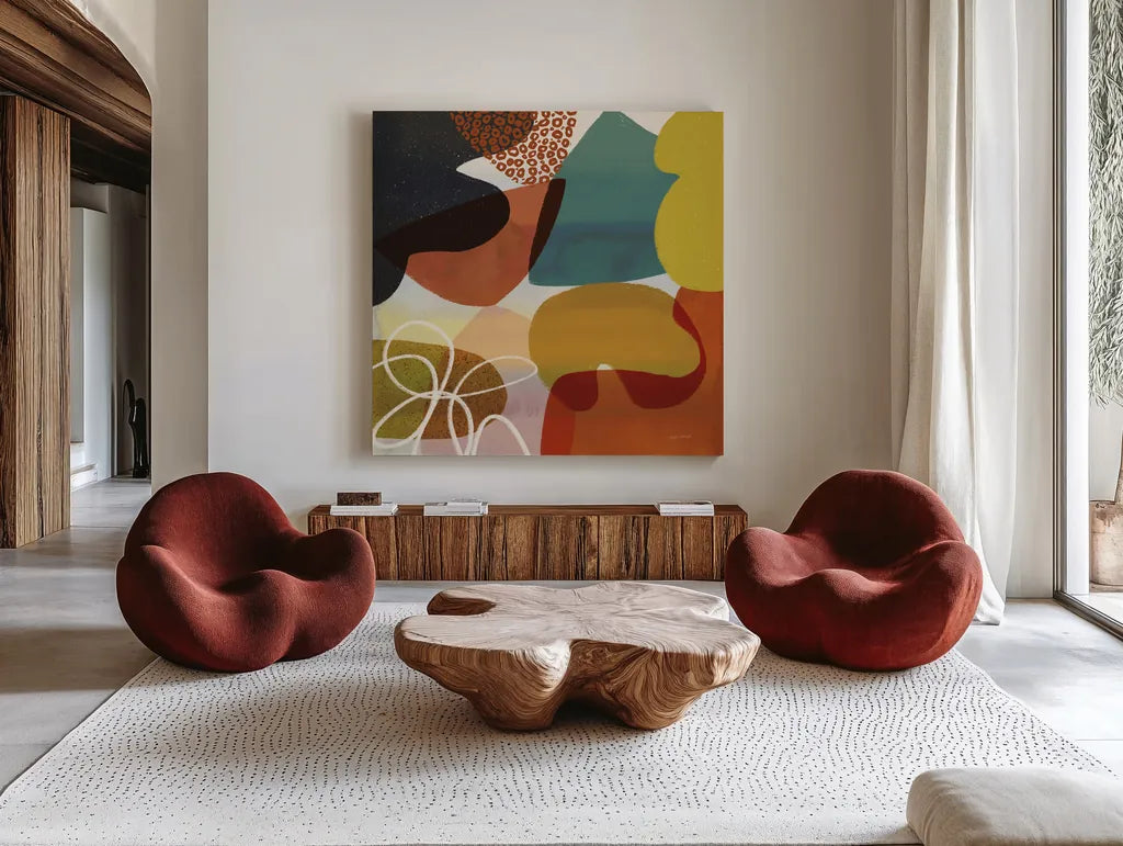 Variety VI by Cheryl Warrick. Shown as extra-large giant wall art in a modern living room. Available as an archival giclee rolled canvas, fine art paper, or poster print. SKU 90934a.