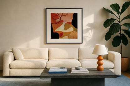 Variety VII by Cheryl Warrick. Displayed in a glass frame with matte in a clean modern living room. Available as an archival giclee rolled canvas, fine art paper, or poster print. SKU 90935a.