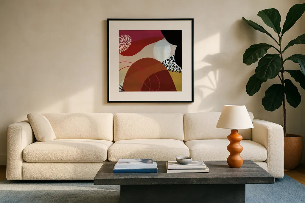 Variety VIII by Cheryl Warrick. Displayed in a glass frame with matte in a clean modern living room. Available as an archival giclee rolled canvas, fine art paper, or poster print. SKU 90936a.