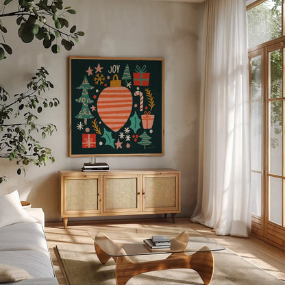 Warm Wishes III by Cheryl Warrick. Shown in a natural wood frame in a cozy modern living room. Available as an archival giclee rolled canvas, fine art paper, or poster print. SKU 97609a.