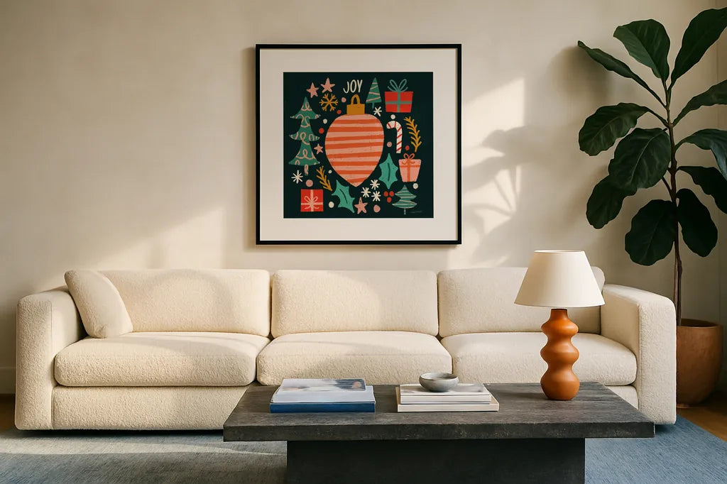 Warm Wishes III by Cheryl Warrick. Displayed in a glass frame with matte in a clean modern living room. Available as an archival giclee rolled canvas, fine art paper, or poster print. SKU 97609a.