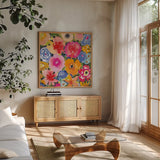 Whimsy I by Cheryl Warrick. Shown in a natural wood frame in a cozy modern living room. Available as an archival giclee rolled canvas, fine art paper, or poster print. SKU 103255a.