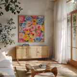Whimsy II by Cheryl Warrick. Shown in a natural wood frame in a cozy modern living room. Available as an archival giclee rolled canvas, fine art paper, or poster print. SKU 103256a.