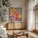 Whimsy III by Cheryl Warrick. Shown in a natural wood frame in a cozy modern living room. Available as an archival giclee rolled canvas, fine art paper, or poster print. SKU 103257a.