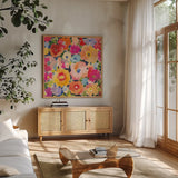 Whimsy IV by Cheryl Warrick. Shown in a natural wood frame in a cozy modern living room. Available as an archival giclee rolled canvas, fine art paper, or poster print. SKU 103258a.