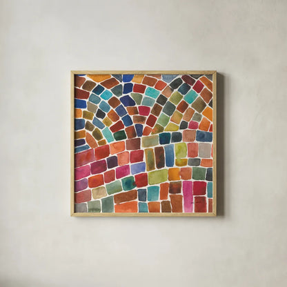 Winding Path I by Cheryl Warrick. Shown in a natural wood glass frame for a timeless modern aesthetic. Available as an archival giclee rolled canvas, fine art paper, or poster print. SKU 84787a.