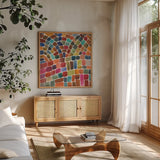 Winding Path I by Cheryl Warrick. Shown in a natural wood frame in a cozy modern living room. Available as an archival giclee rolled canvas, fine art paper, or poster print. SKU 84787a.