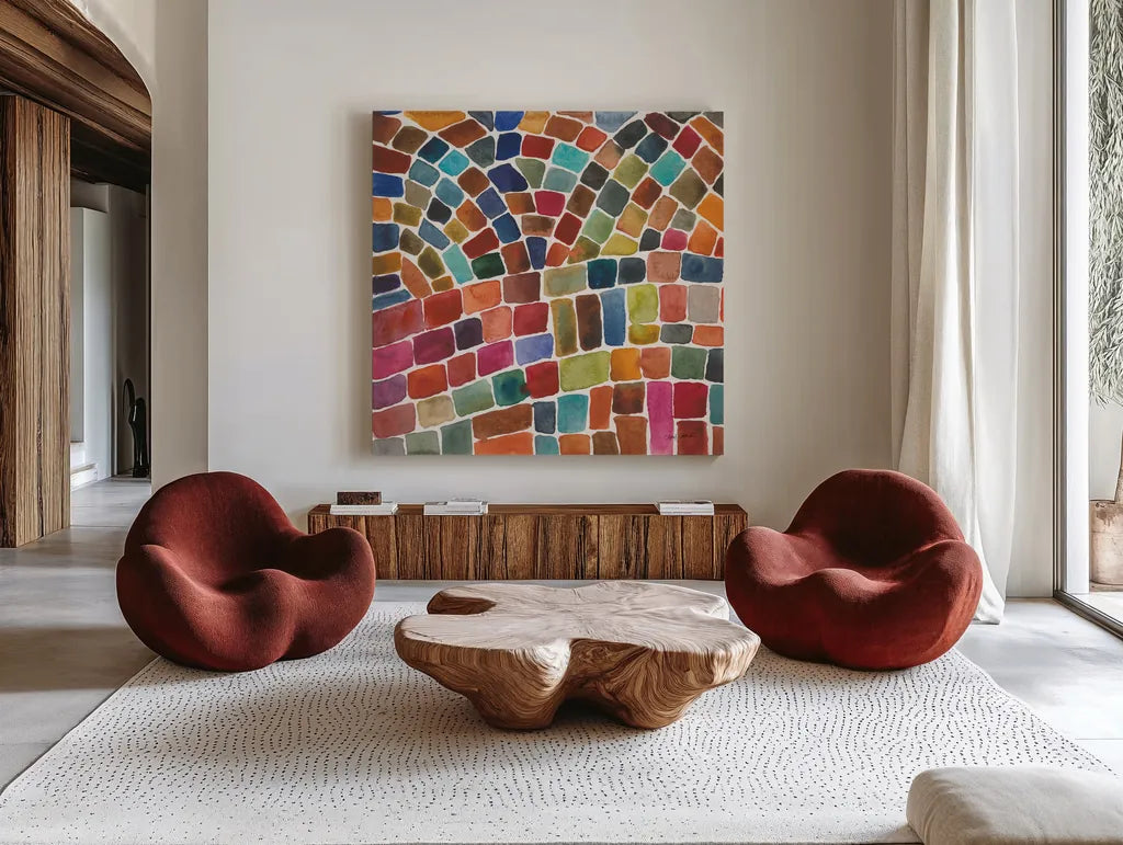 Winding Path I by Cheryl Warrick. Shown as extra-large giant wall art in a modern living room. Available as an archival giclee rolled canvas, fine art paper, or poster print. SKU 84787a.