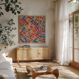 Winding Path II by Cheryl Warrick. Shown in a natural wood frame in a cozy modern living room. Available as an archival giclee rolled canvas, fine art paper, or poster print. SKU 84788a.