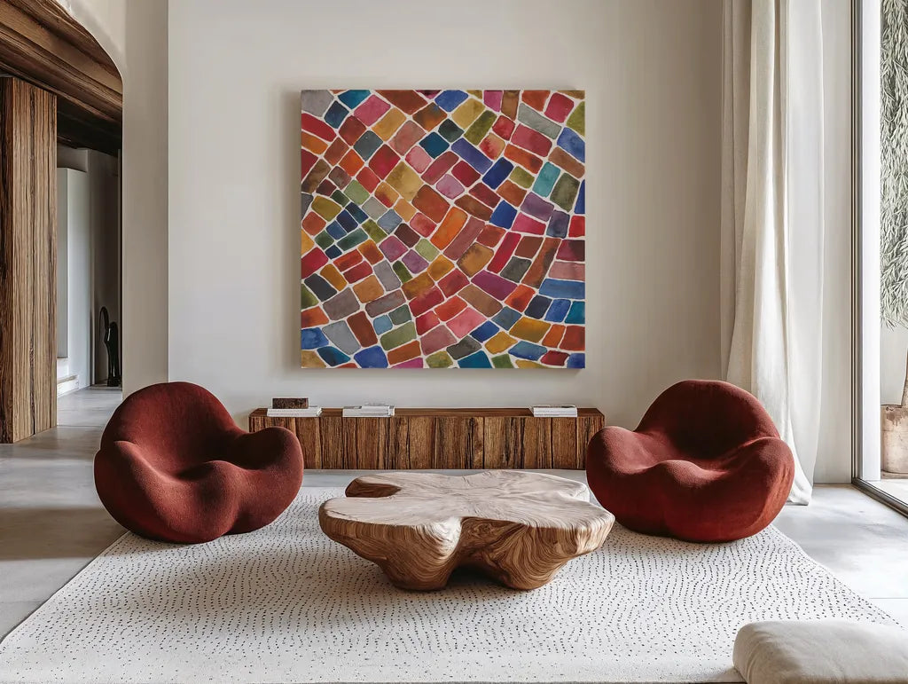 Winding Path II by Cheryl Warrick. Shown as extra-large giant wall art in a modern living room. Available as an archival giclee rolled canvas, fine art paper, or poster print. SKU 84788a.