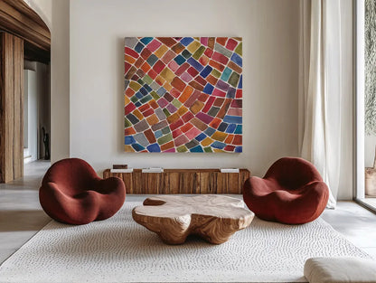 Winding Path II by Cheryl Warrick. Shown as extra-large giant wall art in a modern living room. Available as an archival giclee rolled canvas, fine art paper, or poster print. SKU 84788a.