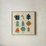 Winter Cheer I by Cheryl Warrick. Shown in a natural wood glass frame for a timeless modern aesthetic. Available as an archival giclee rolled canvas, fine art paper, or poster print. SKU 102795a.