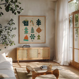 Winter Cheer I by Cheryl Warrick. Shown in a natural wood frame in a cozy modern living room. Available as an archival giclee rolled canvas, fine art paper, or poster print. SKU 102795a.