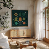 Winter Cheer II by Cheryl Warrick. Shown in a natural wood frame in a cozy modern living room. Available as an archival giclee rolled canvas, fine art paper, or poster print. SKU 102796a.