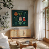 Winter Cheer III by Cheryl Warrick. Shown in a natural wood frame in a cozy modern living room. Available as an archival giclee rolled canvas, fine art paper, or poster print. SKU 102797a.