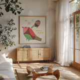 Winter Wonder II by Cheryl Warrick. Shown in a natural wood frame in a cozy modern living room. Available as an archival giclee rolled canvas, fine art paper, or poster print. SKU 97604a.