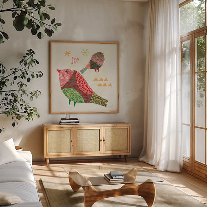 Winter Wonder II by Cheryl Warrick. Shown in a natural wood frame in a cozy modern living room. Available as an archival giclee rolled canvas, fine art paper, or poster print. SKU 97604a.