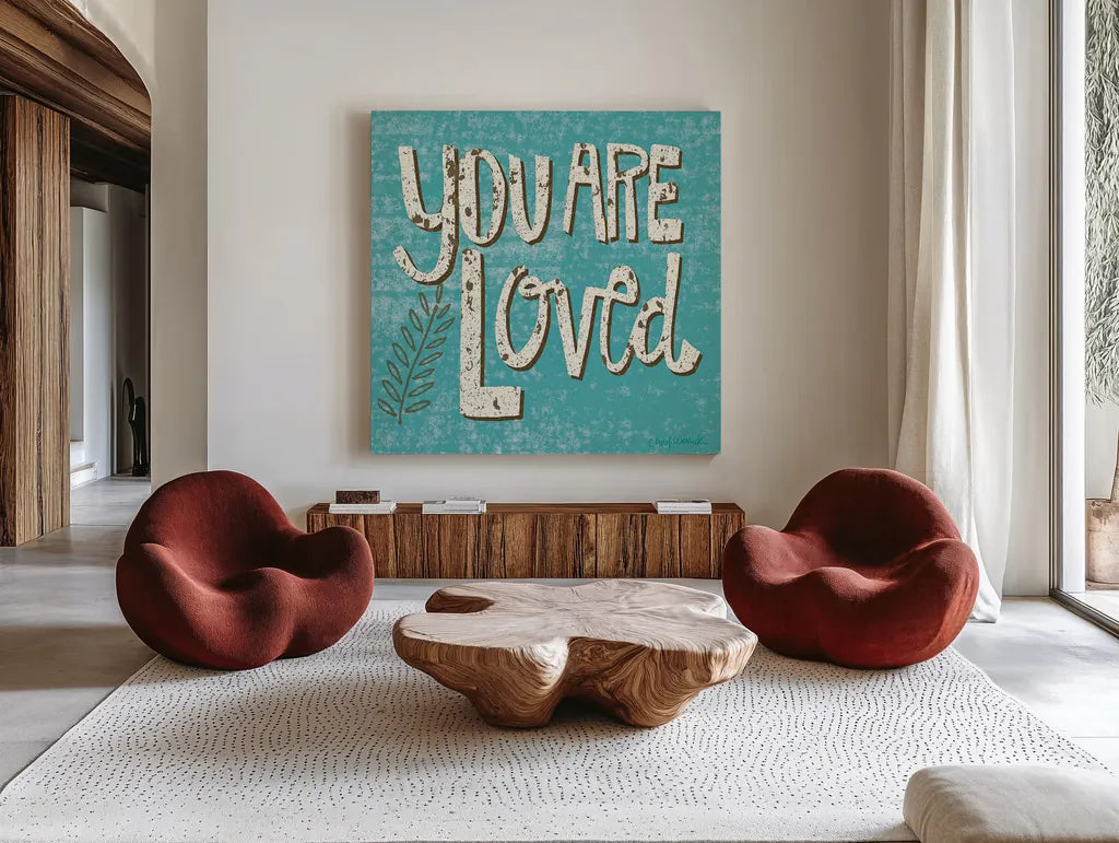 You are Loved by Cheryl Warrick. Shown as extra-large giant wall art in a modern living room. Available as an archival giclee rolled canvas, fine art paper, or poster print. SKU 18516a.