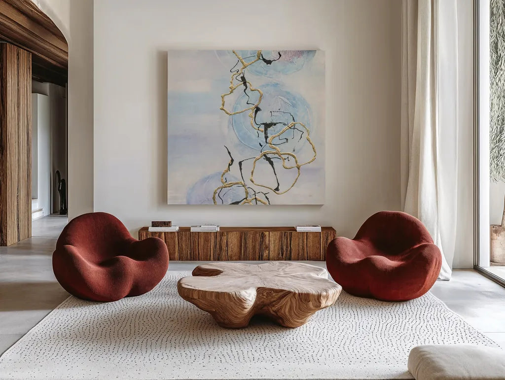 Abstract Lines on Pastel II by Chris Paschke. Shown as extra-large giant wall art in a modern living room. Available as an archival giclee rolled canvas, fine art paper, or poster print. SKU 31756a.