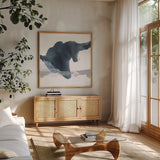 Abstracted Coastal II by Chris Paschke. Shown in a natural wood frame in a cozy modern living room. Available as an archival giclee rolled canvas, fine art paper, or poster print. SKU 83774a.